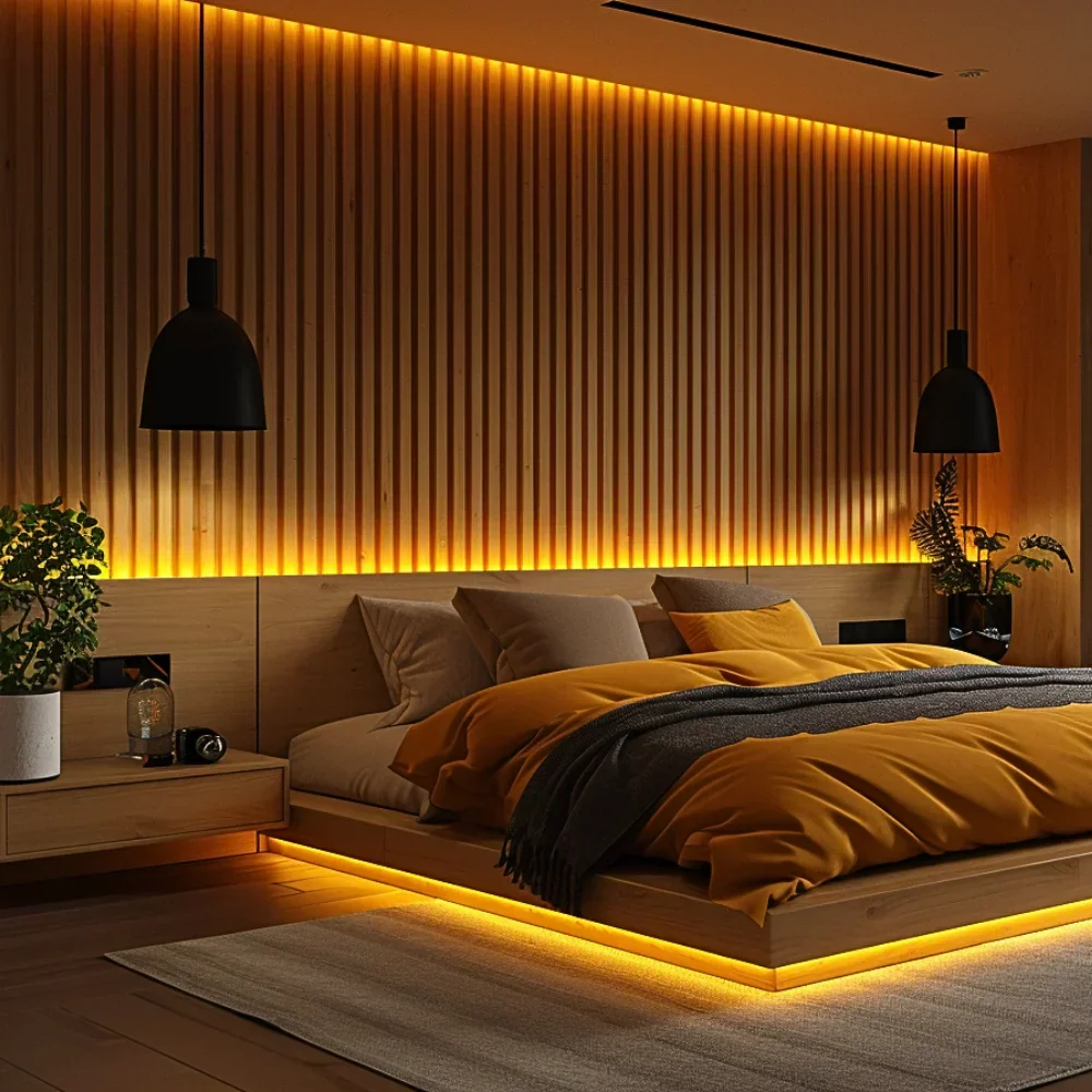 Quarto com painéis de ripas